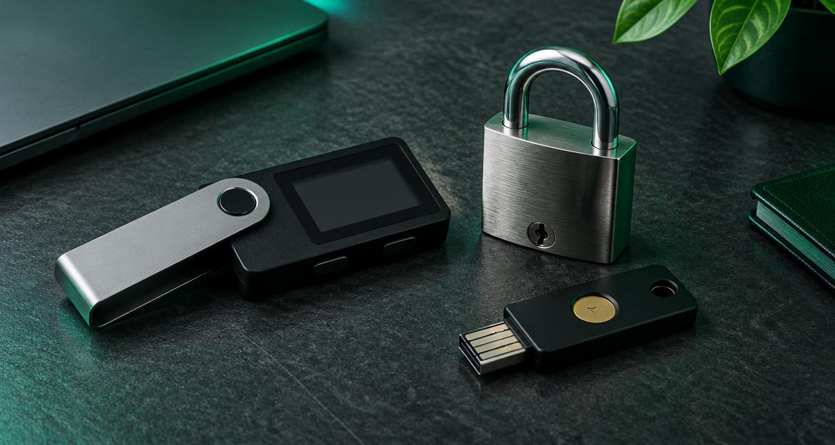 Hardware crypto wallet, padlock and security key illustrating account protection