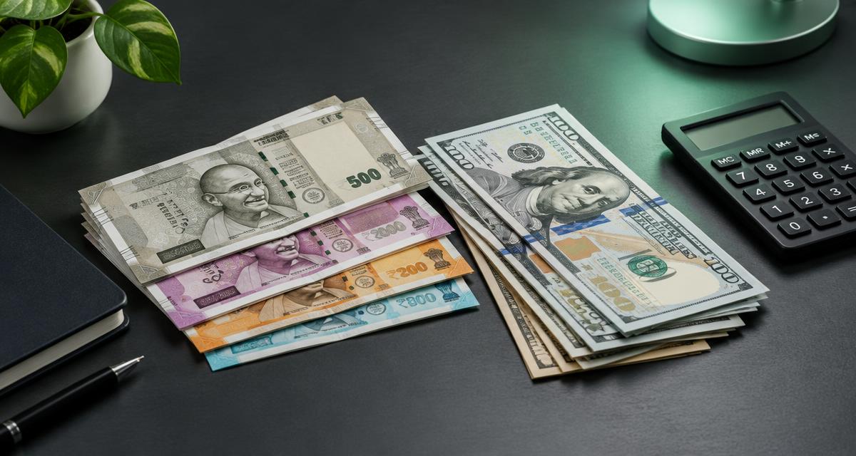 Illustration of Indian rupee and US dollar notes beside a calculator